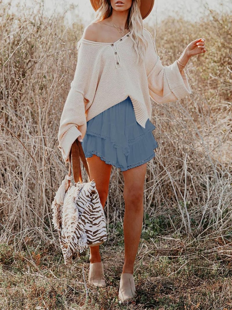 Aoudery Flowy Shorts for Women - Casual Boho Ruffle Tiered Skorts | High Waist Mini Golf & Tennis Crochet Shorts