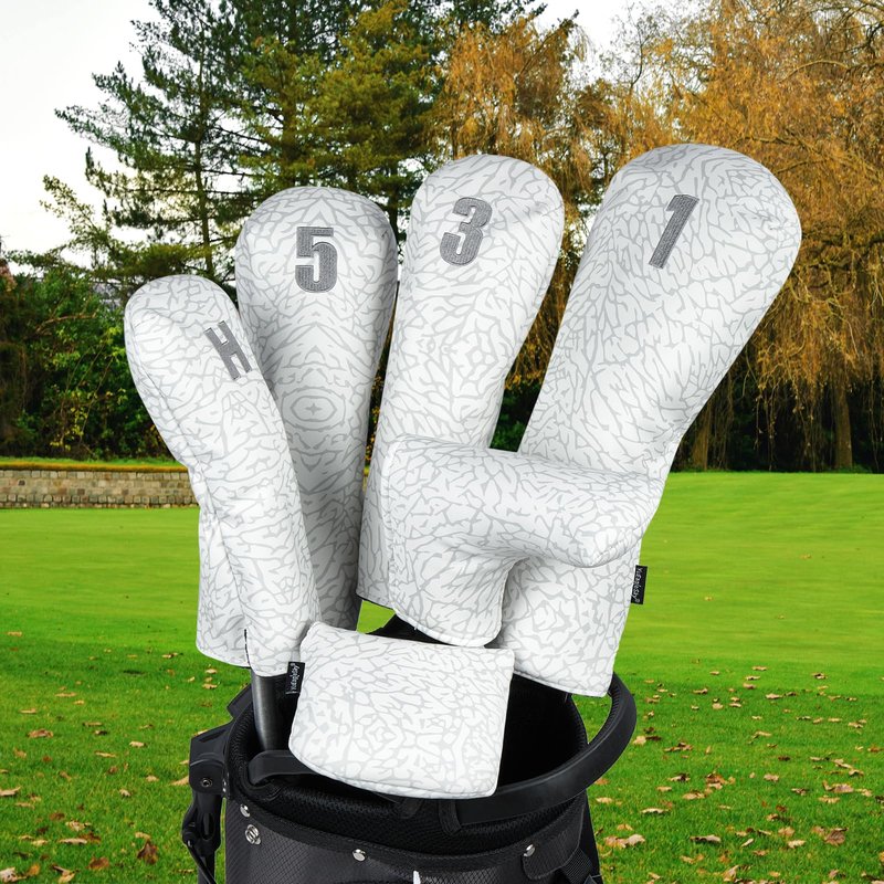 YuEagleSky Golf Club Mallet Putter Head Cover White with Grey Elephant Print Design - Magnetic Closure, Durable PU Material - Single Package