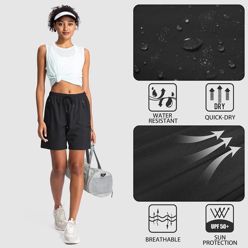 SANTINY Women's 5''/ 7''/9'' Hiking Cargo Shorts Quick Dry Lightweight Summer Shorts for Women Athletic Golf Zipper Pockets(Black_L)