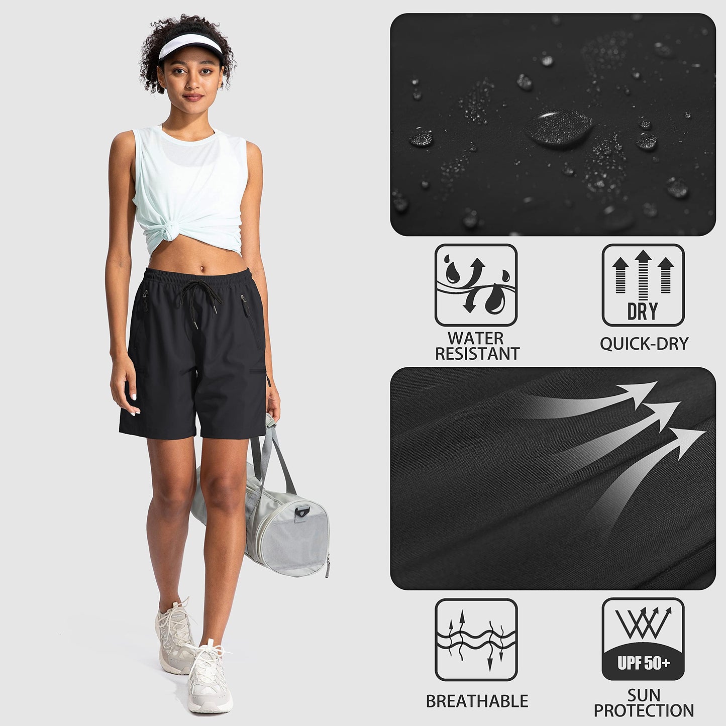 SANTINY Women's 5''/ 7''/9'' Hiking Cargo Shorts Quick Dry Lightweight Summer Shorts for Women Athletic Golf Zipper Pockets(Black_L)