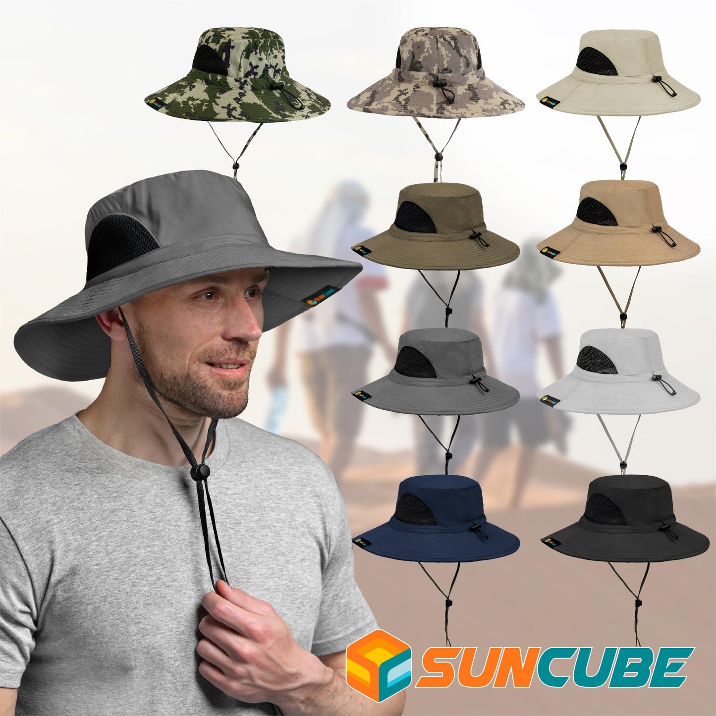 SUN CUBE Wide Brim Sun Hat for Men & Women, UPF 50+ UV Protection, Breathable Mesh Boonie Hat with Adjustable Chin Strap, Packable Fishing Hiking Safari Hat, Navy