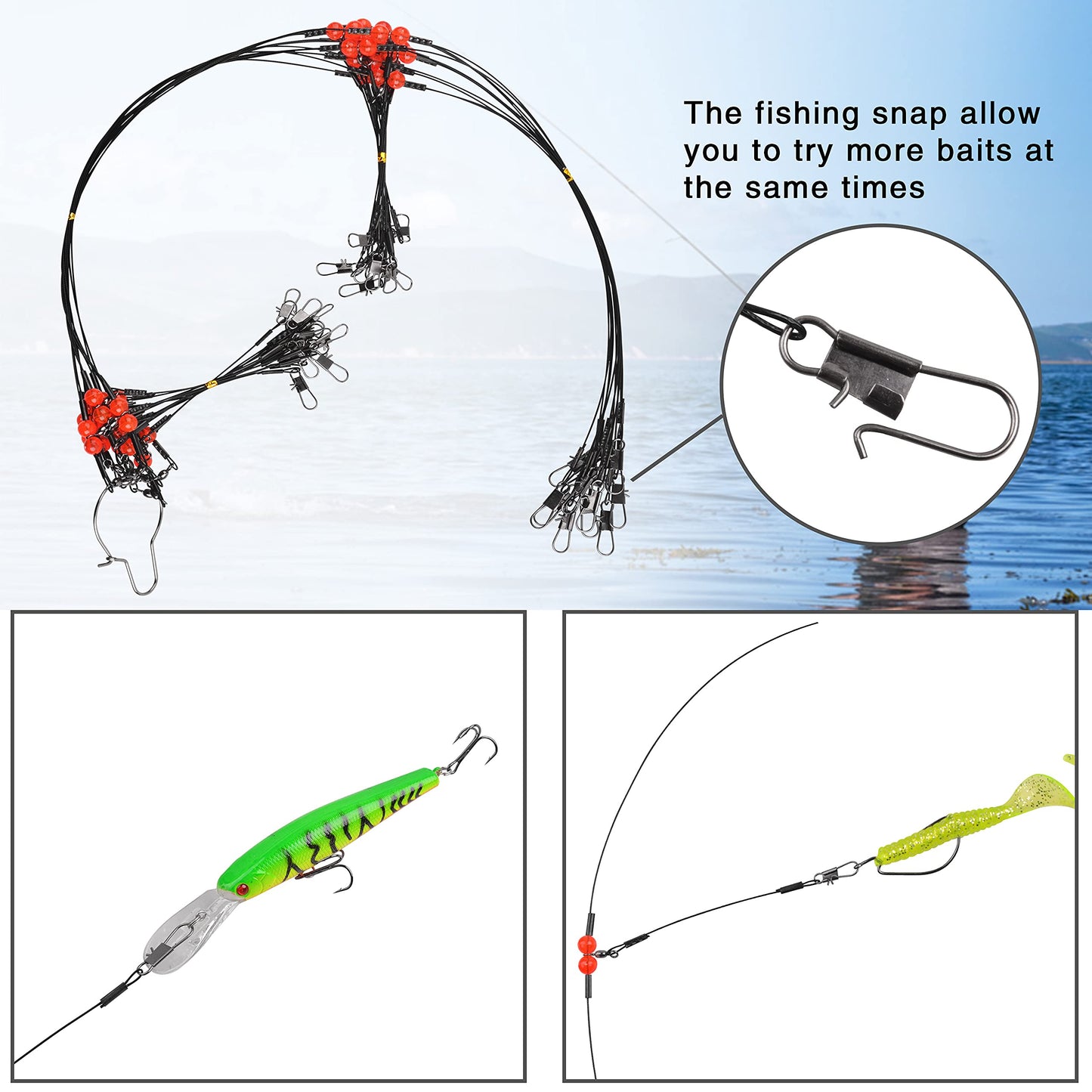 Fishing Leader Rigs Saltwater Tackle Rigs with Swivels Snaps, High Strength Wire Leaders Rigging Surf Fishing Gear Equipment for Lures Bait Hooks Catfish Walleye, Black, 2arm, 12pcs