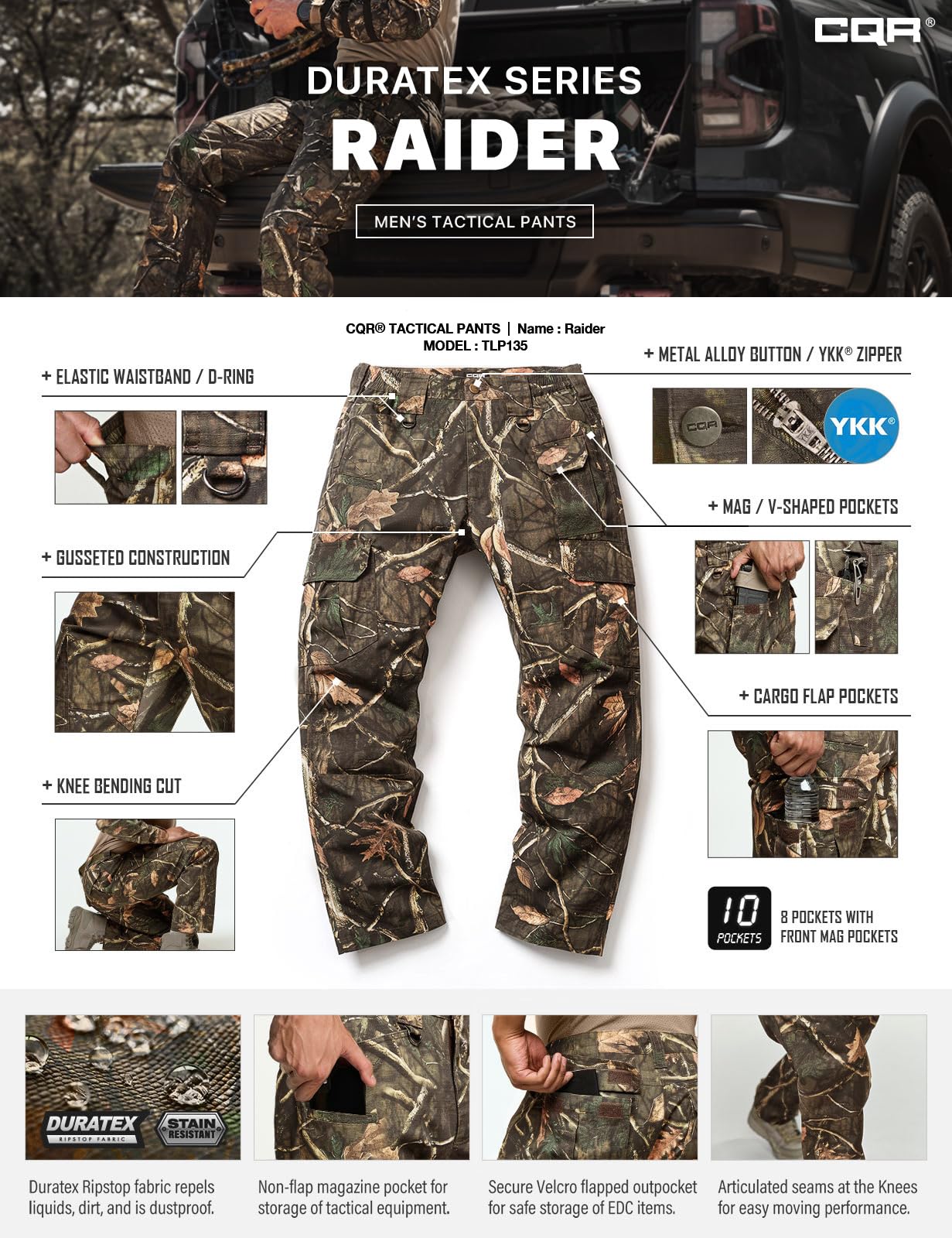 CQR Men's Tactical Pants, Water Resistant Ripstop Cargo Pants, Lightweight EDC Work Hiking Pants, Outdoor Apparel, Duratex Mag Pocket Print Hunting Camo, 30W x 30L