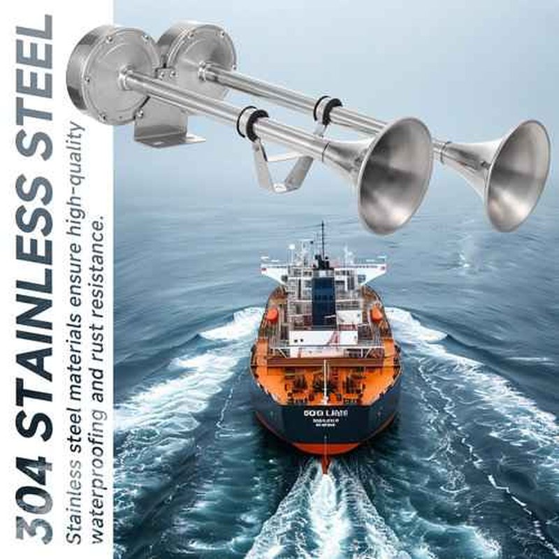 AOLIHAN 150db Boat Horn Deluxe: 12V Dual Horn Trumpet Upgrade - Polished Stainless Steel Marine Horns with Low & High Tones, Featuring Adjustable Horn Support(Upgraded Pair of Horns)