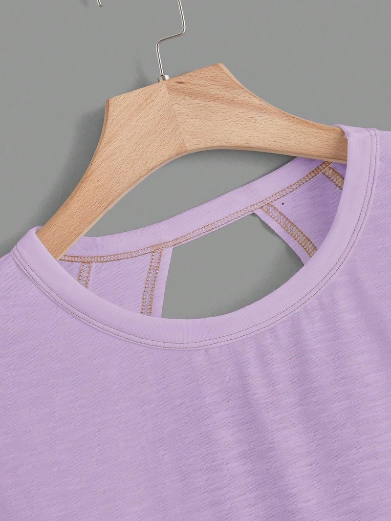 WDIRARA Women's Back Keyhole Workout Yoga Tops Loose Fit Short Sleeve T Shirt Lilac Purple L
