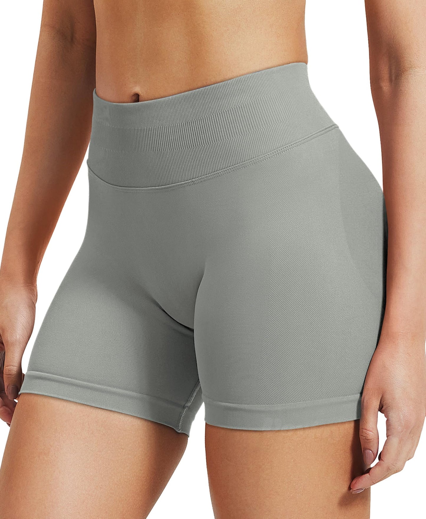 VOYJOY Women Workout Impact Shorts 2.5"/ 3.6"/ 4.5"/ 6" Scrunch Butt Lifting Gym Seamless Booty Biker Shorts Light Grey