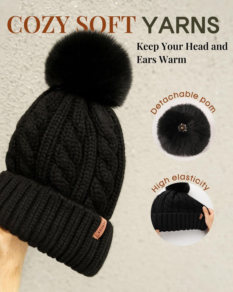 FURTALK Satin Lined Winter Hats for Women Men Knit Beanie Hat Warm Pom Pom Cap Black