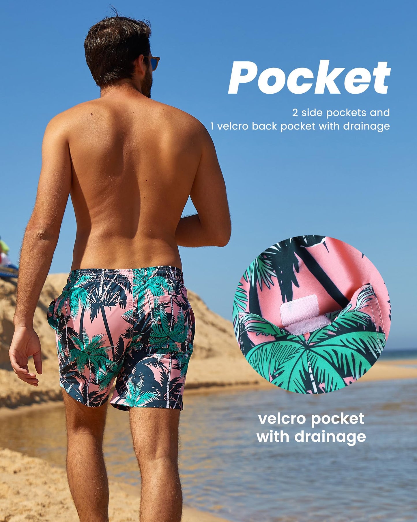 maamgic Mens Swim Trunks Quick Dry Swim Shorts with Mesh Lining Funny Swimwear Bathing Suits 7inch Pink Tree Large