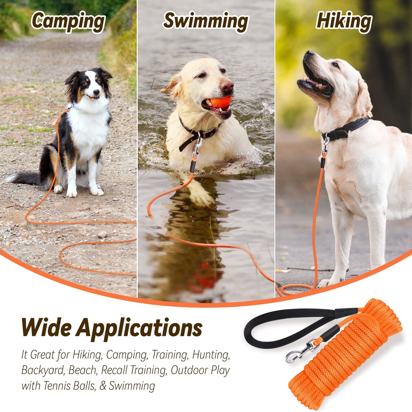 lynxking Check Cord Dog Leash Long Lead Training Tracking Line Comfortable Handle Heavy Duty Puppy Rope 10ft 15ft 30ft 50ft for Small Medium Large Dog