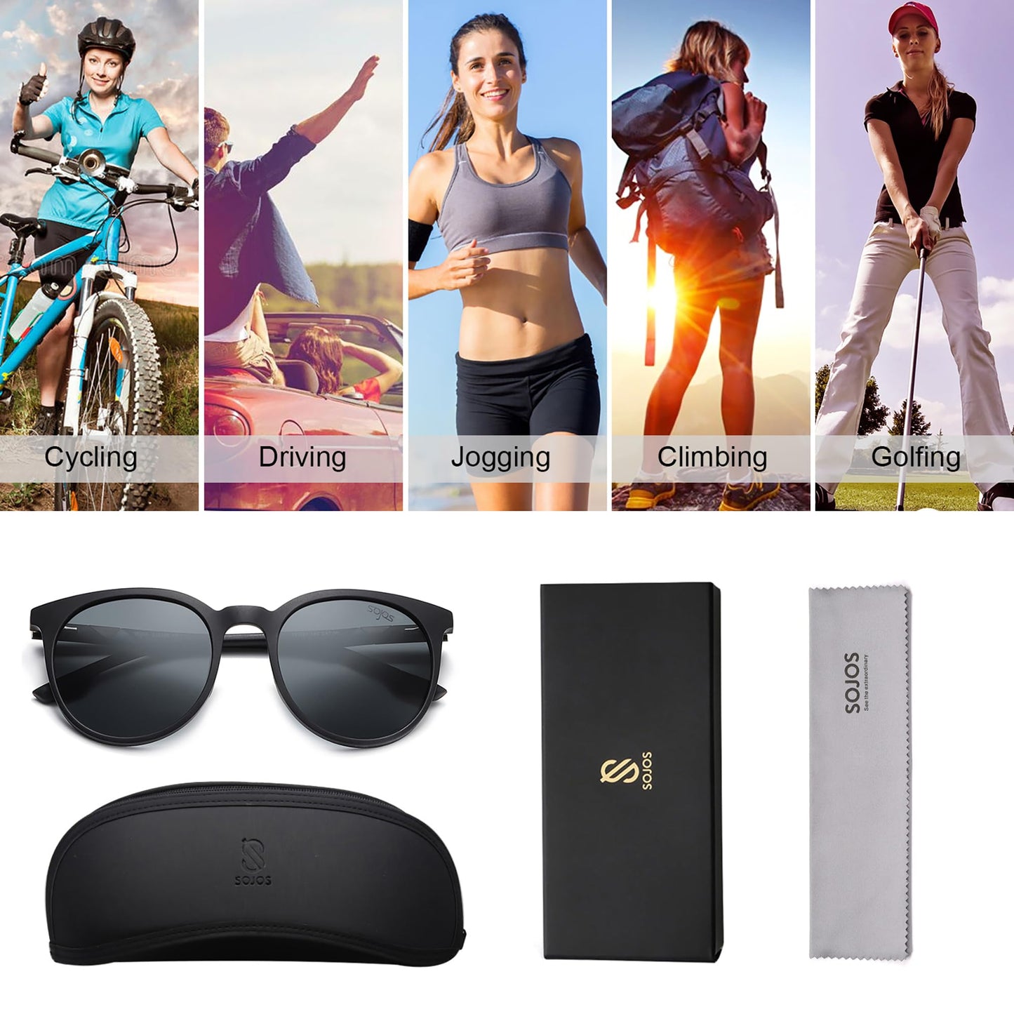 SOJOS Oversized Round Polarized Sports Sunglasses for Women Men, Ultralight TR90 Womens Mens Sport Sunglasses SJ2092, Matte Black Frame/Grey Lens with Black Nose Pads