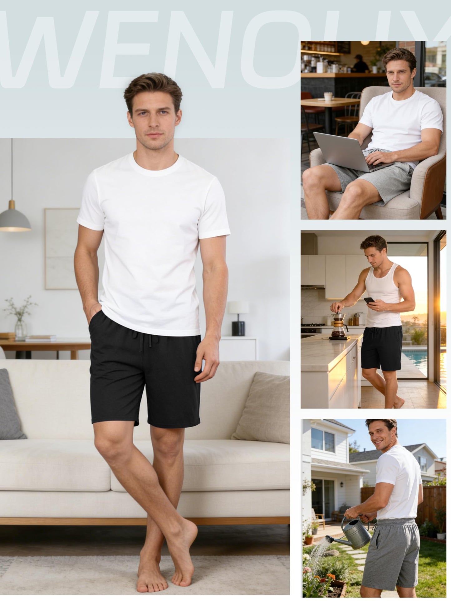 Wenouy 3 Pack Mens Cotton Pajama Shorts Soft Comfortable Lounge Shorts with Drawstring & Two Pockets Sleep Bottoms for Men Black, Gray, Light Gray XL