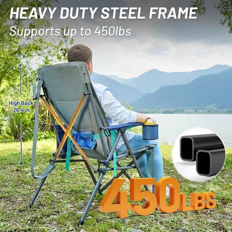 TIMBER RIDGE Oversized Camping Chair with Lumbar Support, Portable Folding Chair Heavy Duty for Adults Supports 450 LBS for Outdoor Camping, Lawn, with High Back, Cup Holder, Side Pocket - Blue