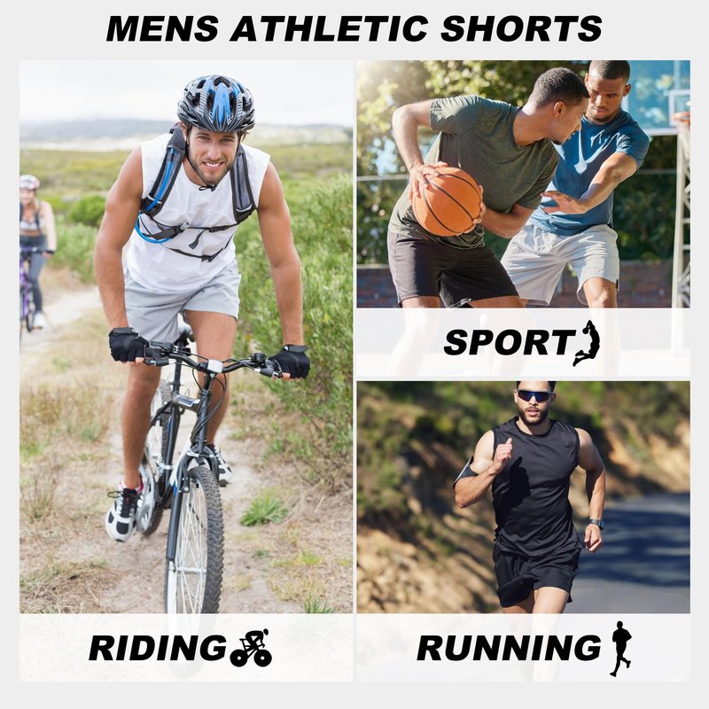 BVNSOZ Men's Athletic Shorts with Pockets and Elastic Waistband Quick Dry Workout Shorts for Men, Black x 2, Navy, Dark Grey, Light Grey, XL