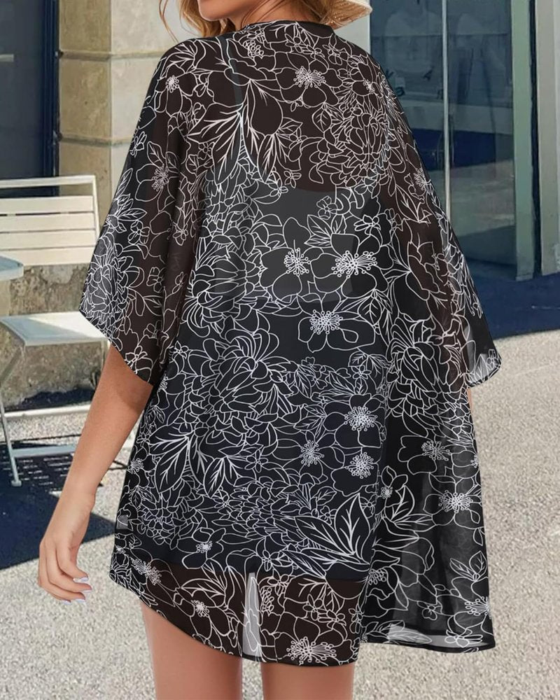 Floral Print Puff Sleeve Kimono Cardigan - Casual Women's Cover-Up Blouse Top