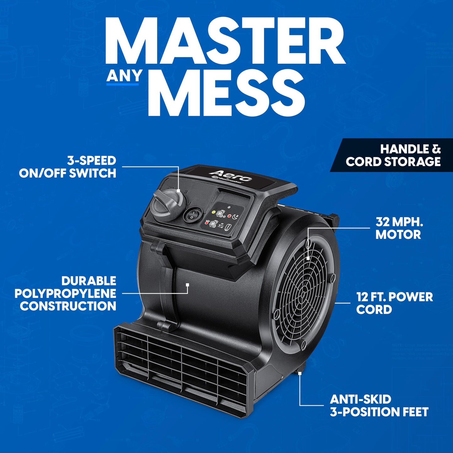 Vacmaster AM201R 3 Speed Floor Fan, 156W 550 CFM Air Mover, Utility Blower Fan, Carpet Dryer for Drying, Cooling & Circulation