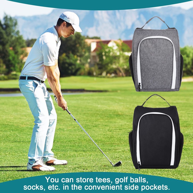 Funtery 2 Pcs Golf Shoe Bag for Travel Zippered Sports Shoe Carrier Tote Bags Golf Accessories with Ventilation Outside Pocket for Balls Tees Socks Accessories Men Women(Black, Gray)