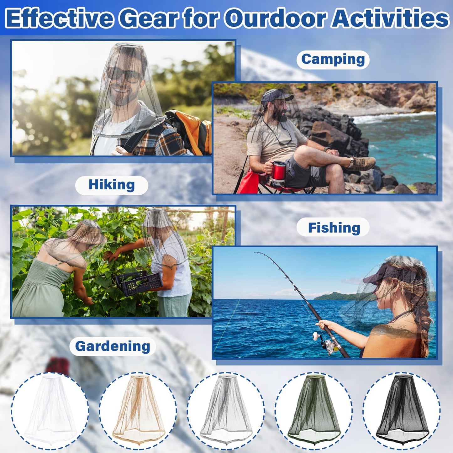 Benvo Mosquito Head Net - Mesh Face & Neck Insect Shield for Fishing, Camping | 2pcs, Grey, Upgraded Design