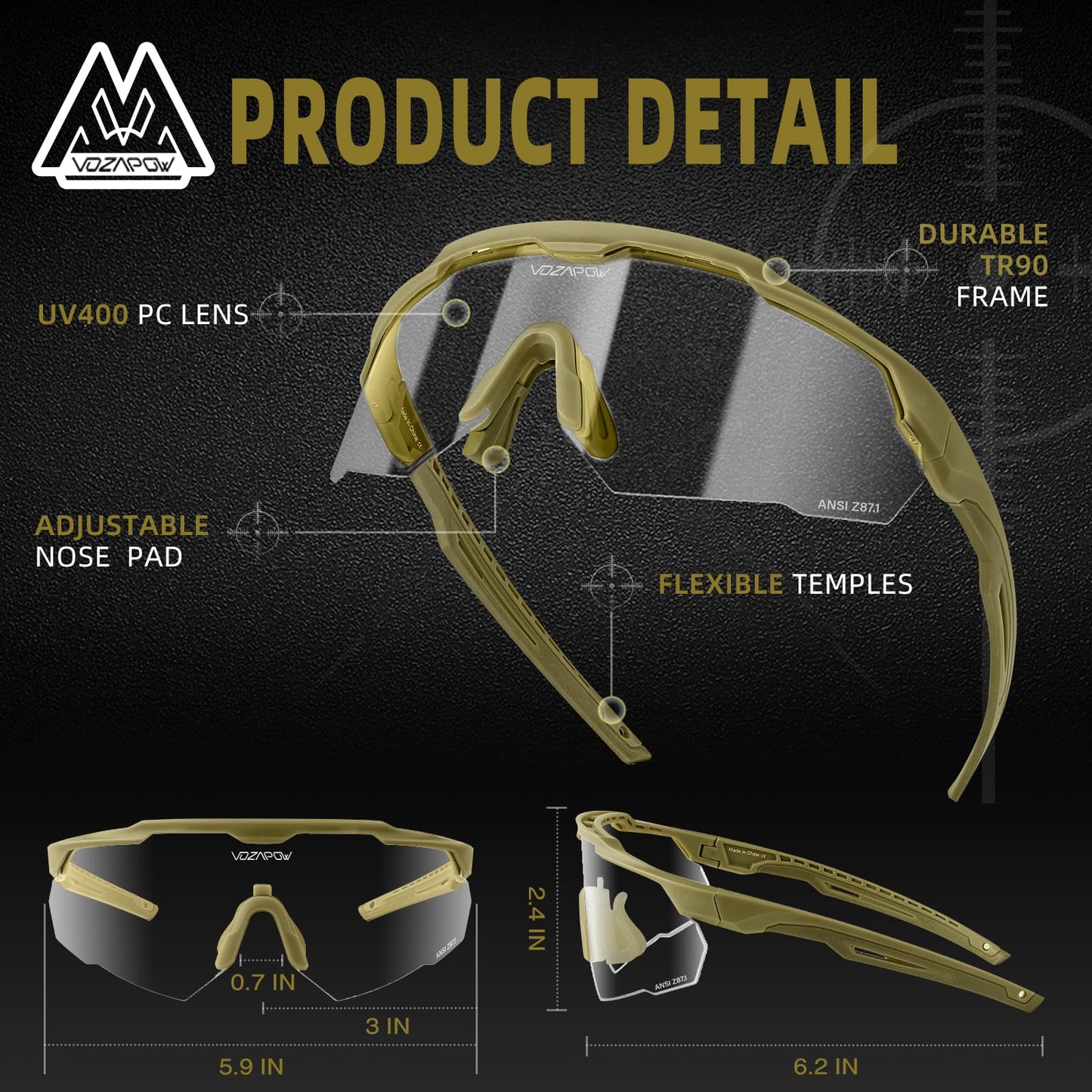 VOZAPOW Shooting Glasses Anti Fog with High Definition Lenses, ANSI Z87+ Certified Tactical Safety Glasses for Men Women