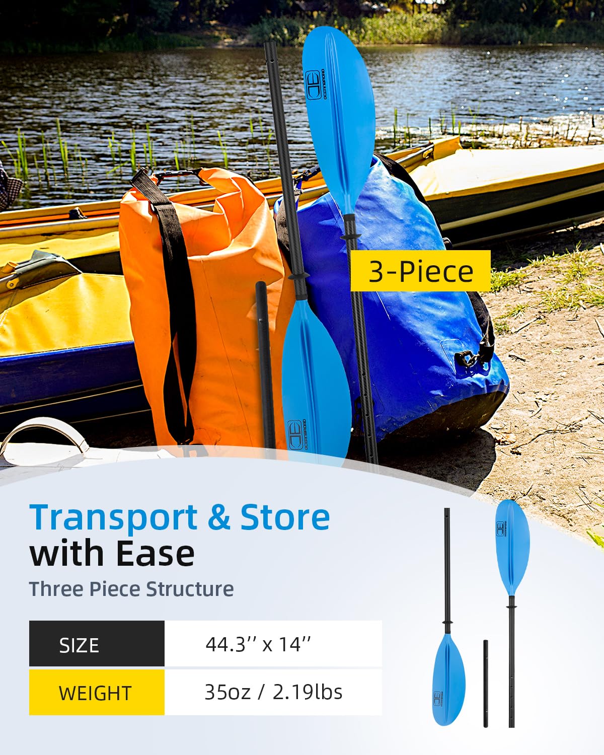OCEANBROAD Adjustable Carbon Fiber Kayak Paddle 86in/220cm to 94in/240cm Kayaking Oar with Paddle Leash 1 Paddle, Blue