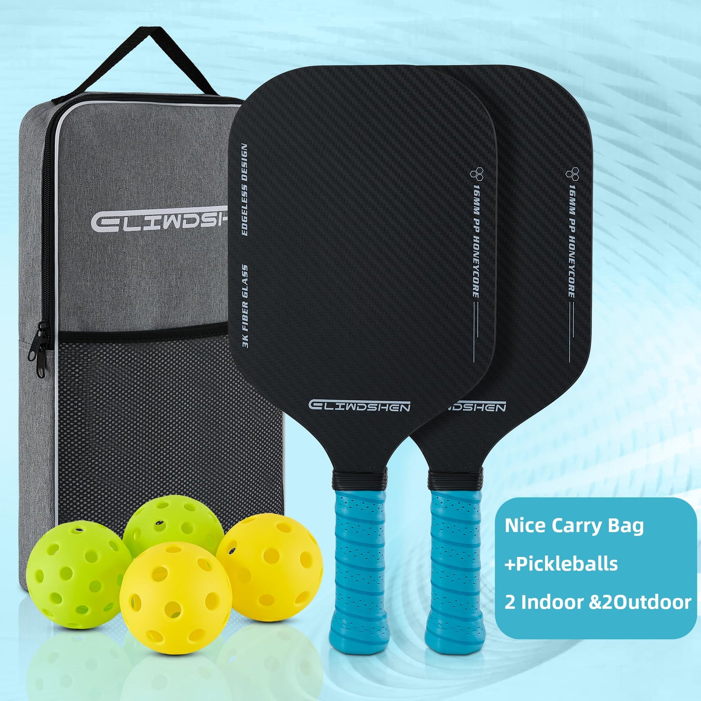 Eliwshen Pickleball Pddles Set of 2, Made to USAPA Standards 3k Fibreglass Textured Surface, Aesthetic Rimless Design, 16 mm Polypropylene Honeycomb Core, Racket Set for Women, Men, Children, Adults