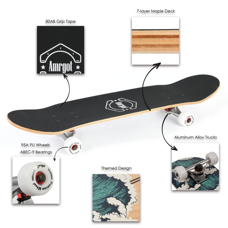 Amrgot Skateboards for Beginners,31 * 8 inches Complete Skateboards for Kids,Boys,Girls and Adults,7 Layer Maple Wood,Double Kick Deck Concave Standard Skateboards