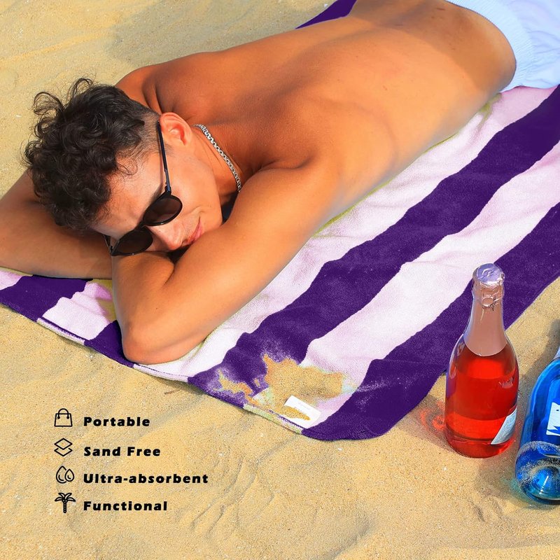 Large Microfiber Beach Towels Set - Quick Dry Cabana Striped | 2-Pack, Purple, 30" x 60" - Lightweight & Highly Absorbent