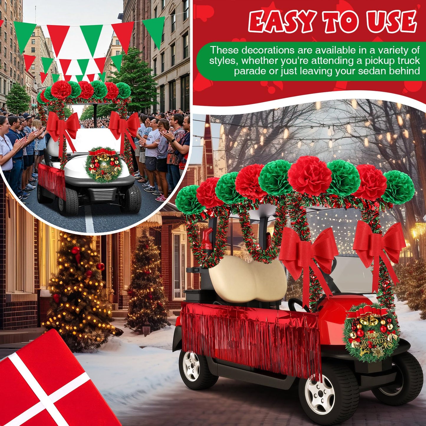 Suncalla 16 Pcs Christmas Golf Cart Decorations Christmas Wreath Red Foil Tinsel Banner Red Green Tissue Paper Pompoms Tinsel Garland Jumbo Bow Decoration for Golf Cart Party Supplies Decor