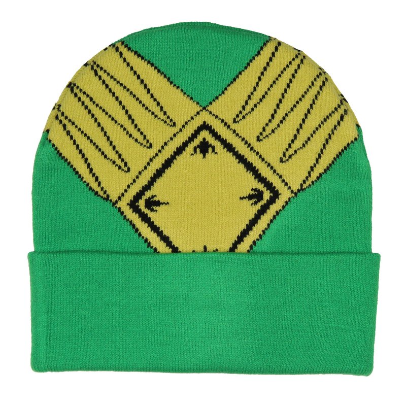 Mighty Morphin Power Rangers Men's Green Ranger Beanie Gold Armor Embroidered Patch Knit Fold Cuff Beanie Hat OSFM