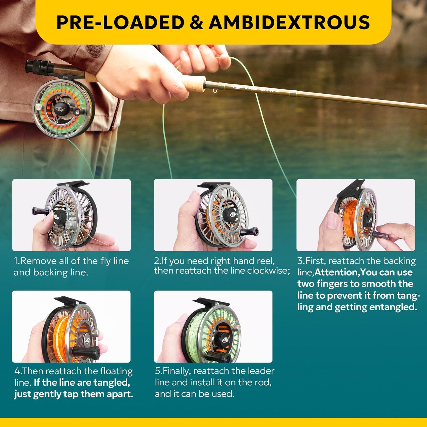 SF SF-003 Pro Fly Fishing Reel for Freshwater - CNC Machined, Mid Arbor Design, Smooth Drag System, Lightweight Aluminum Body - 5/6wt, Gunmetal Gray & Black,Pre-Loaded Fluorescent Yellow Fly Line Kit