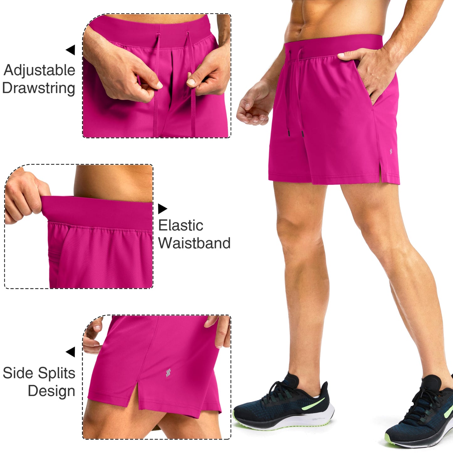 Soothfeel Men's Running Shorts with Zipper Pockets 9"/ 7"/ 5" Lightweight Quick Dry Basketball Gym Workout Athletic Shorts for Men (Hot Pink, XL)