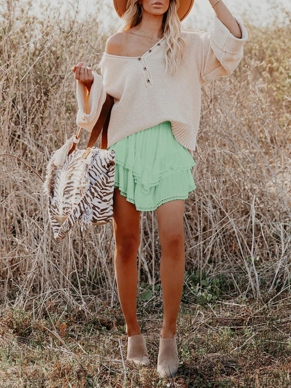 Aoudery Flowy Shorts for Women Casual Boho Ruffle Tiered Skorts High Waist Mini Skirts Golf Tennis Butterfly Crochet Shorts - Light Green XXL