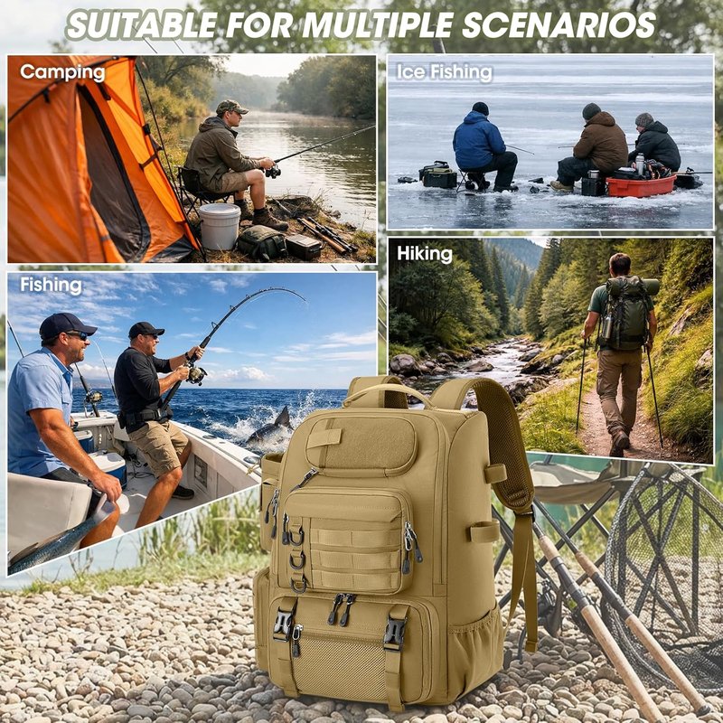 Fishing Backpack with Rod Holders & Cooler - 40L Water Resistant Tackle Bag with Rain Cover