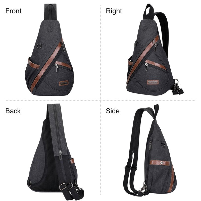 WITZMAN Canvas Sling Bag for Men Women Convertible Sling Backpack Crossbody Vintage Chest Bag Travel Casual Daypack(A8003 Black)