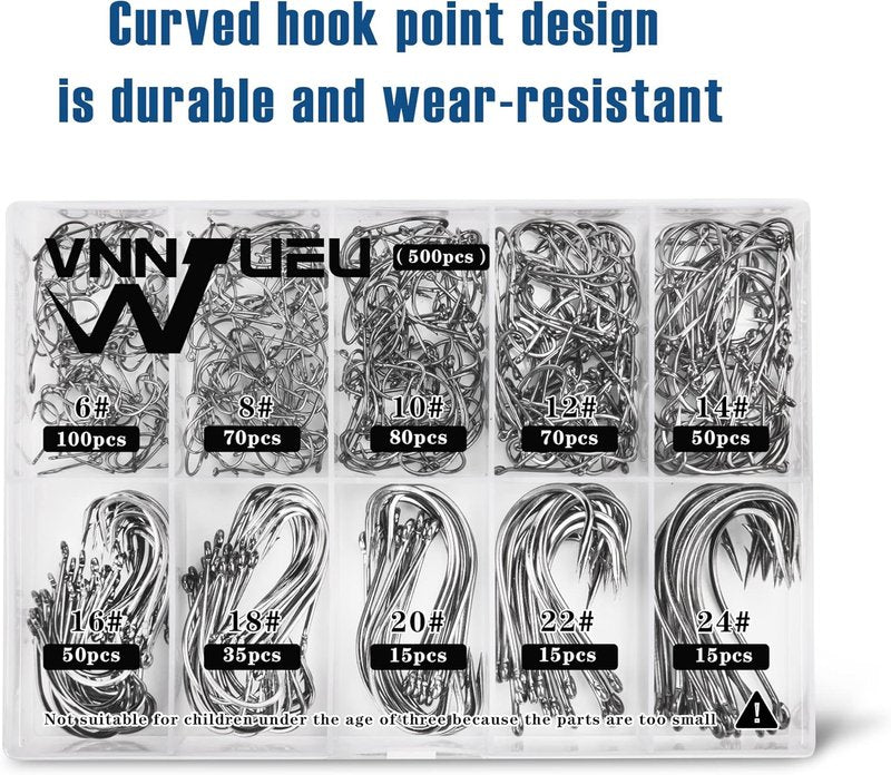 Carbon Steel Fishing Hooks - 500Pcs Circle Hook Assortment for Saltwater & Freshwater Fishing | Ideal for Catfish, Trout, Bass & Octopus