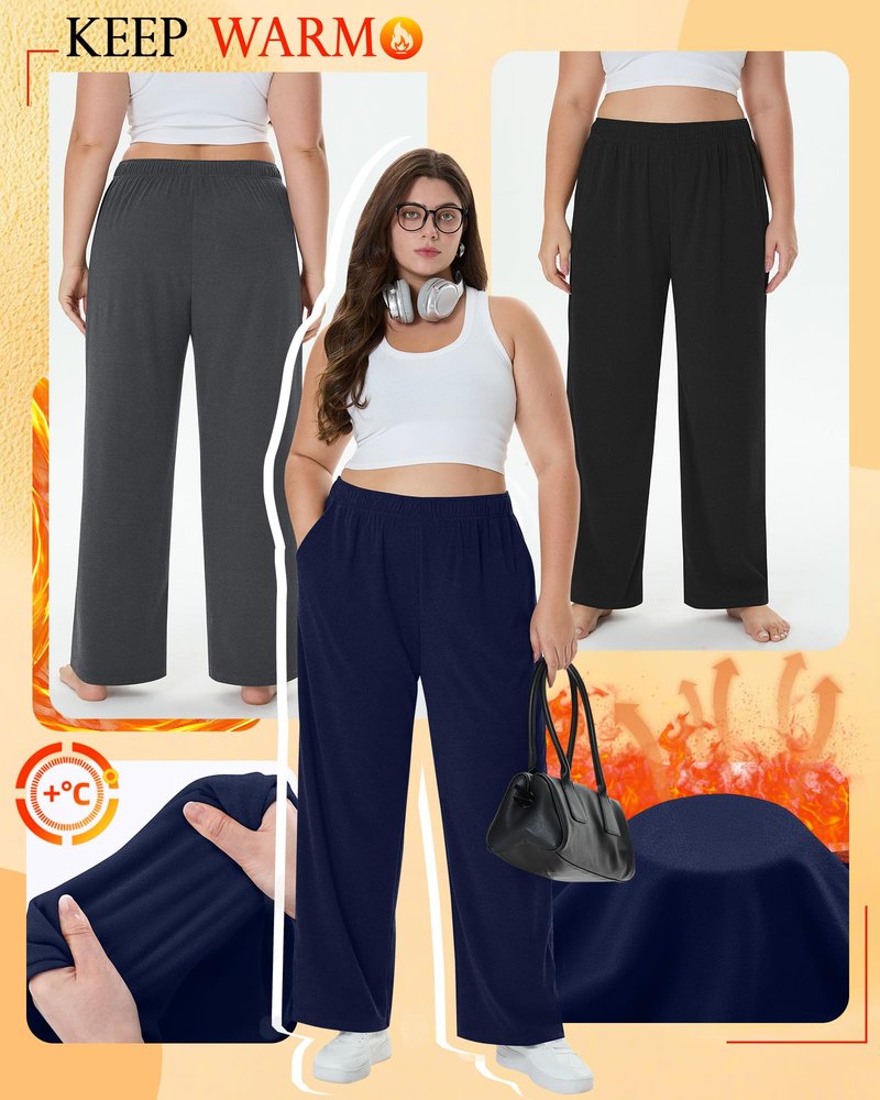 Velvelhall 3 Pack Women's Plus Size Fleece Sweatpants Thermal Wide Leg Elastic Baggy Jogger Warm Pants Winter with Pockets(Black, Dark Gray, Navy Blue,XX-Large)