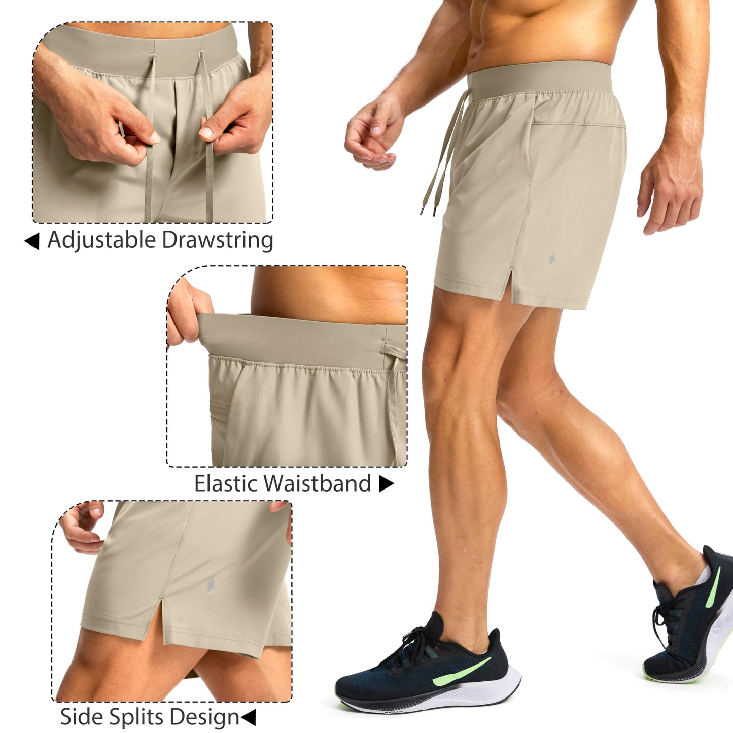 Soothfeel Men's Running Shorts with Zipper Pockets 9"/ 7"/ 5" Lightweight Quick Dry Basketball Gym Workout Athletic Shorts for Men (Khaki, XXL)