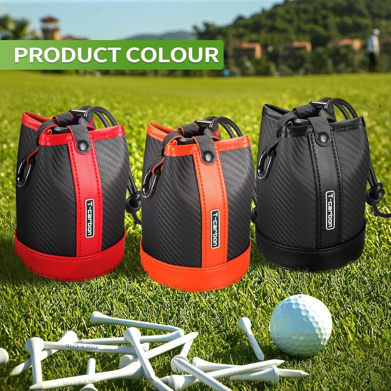T-carbon Travel Gear Professional Valuables Golf Pouch;Bucket Waist Design Bag with Drawstrings;Carbon Fiber and Leather Golf Tee Bag for Glofers Men Women Very Practical Orange