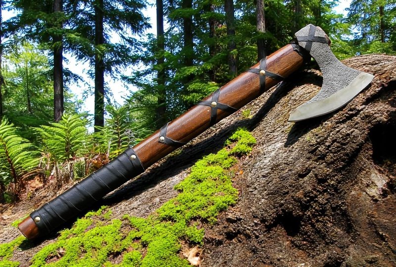 Poshland AX-7000 Custom Gift Forged Carbon Steel Viking Axe with Rose Wood Shaft, Viking Bearded Camping Axe (AX-7000) (AX-5936)
