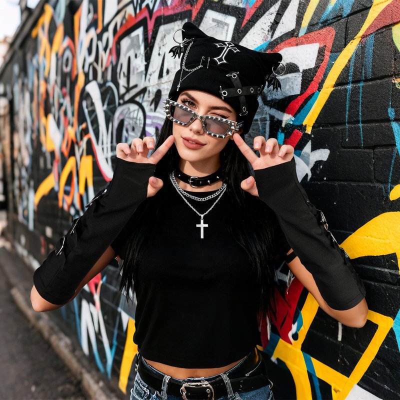 Goth Knitted Beanie Grunge Cat Ear Beanie Hat with Punk Necklace Grunge Arm Warmers for Women Y2K Streetwear Accessories Emo Crochet Hat