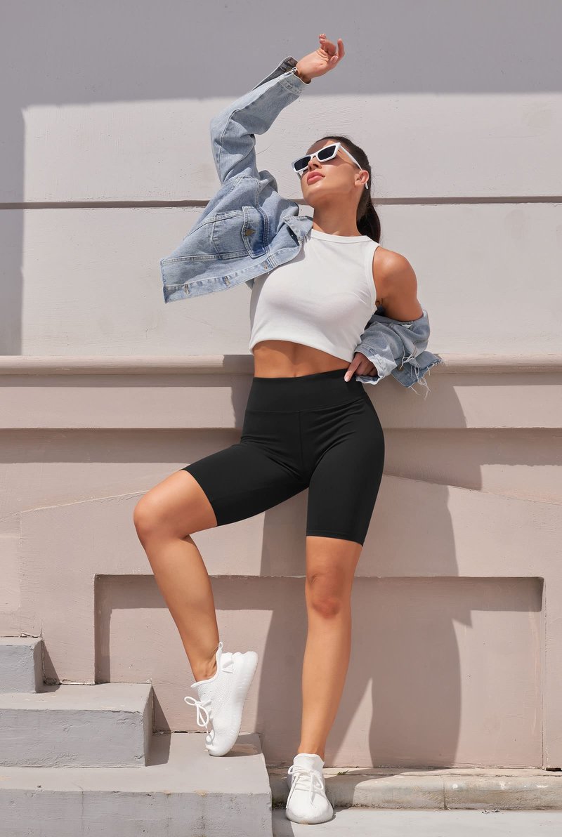 IUGA Biker Shorts for Women High Waist - 8" Workout Shorts with Inner Pocket Yoga Spandex Gym Running Shorts Black