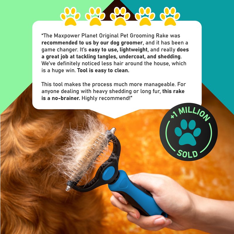 Maxpower Planet Original Pet Grooming Rake - Double-Sided Deshedding Dematting Tool, Undercoat Rake for Dogs & Cats, Extra-Wide Dog Grooming Brush & Deshedder Comb for Long Hair, Reduces Shedding 95%