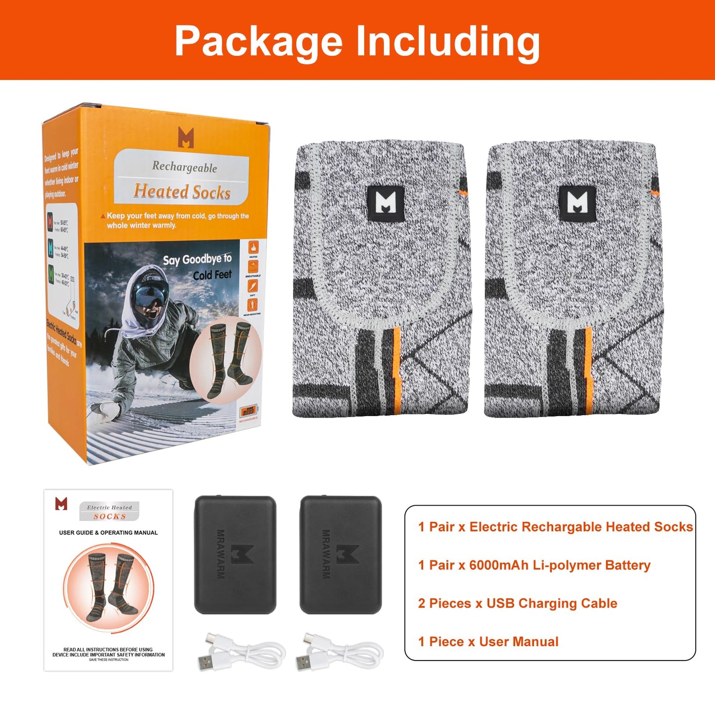 EIHBIEA Heated Socks, 5V 6000mAh Rechargeable Heated Socks for Men & Women, Electric Socks with 3 Heating Levels for Winter, Skiing, Hunting, Camping, Hiking, Cycling, Outdoor Work