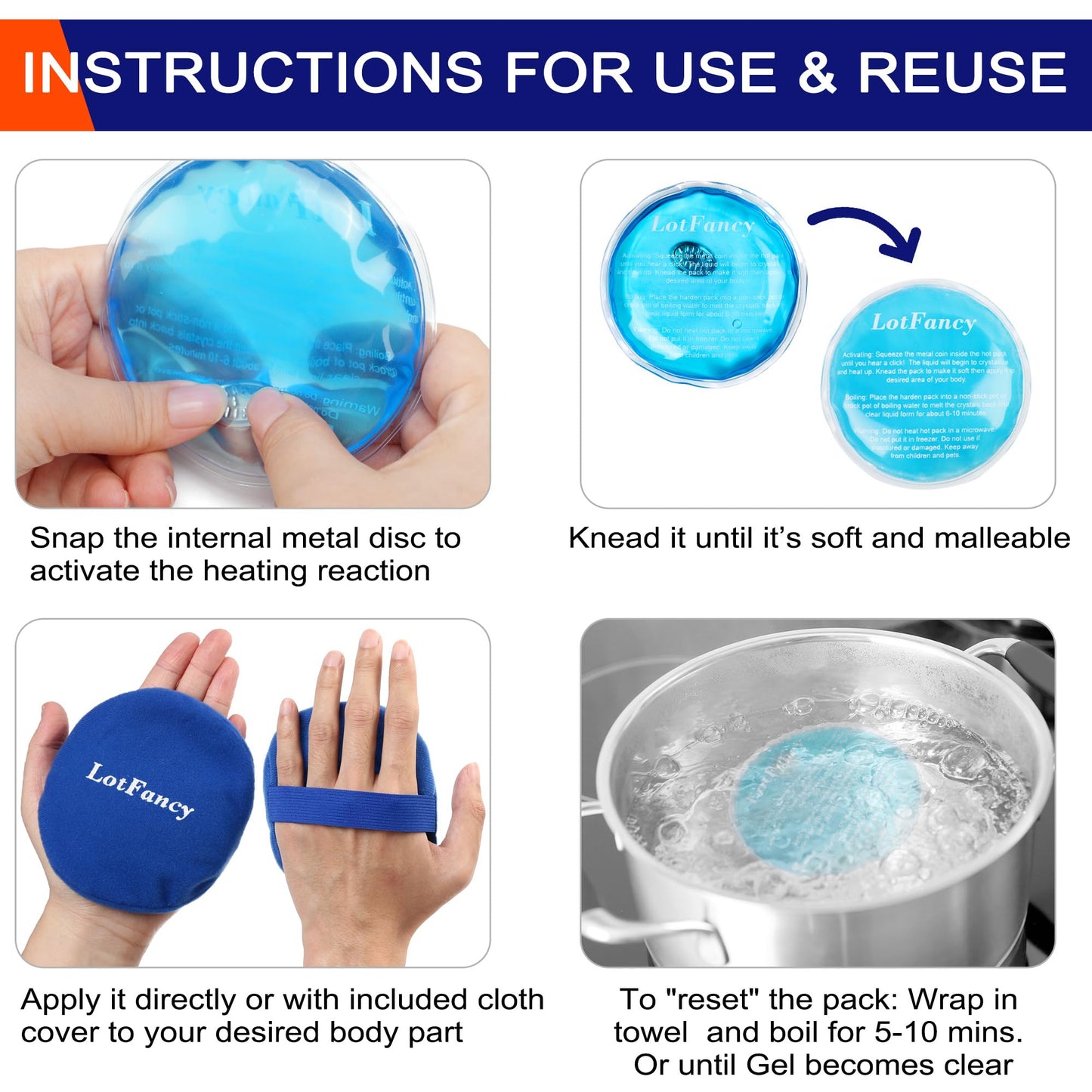 LotFancy Reusable Hand Warmer, 10 Click Activated Instant Heat Packs and 2 Wraps, Snap Hot Therapy Compress, Gel Heating Pad for Pain Relief, Outdoor & Portable Size