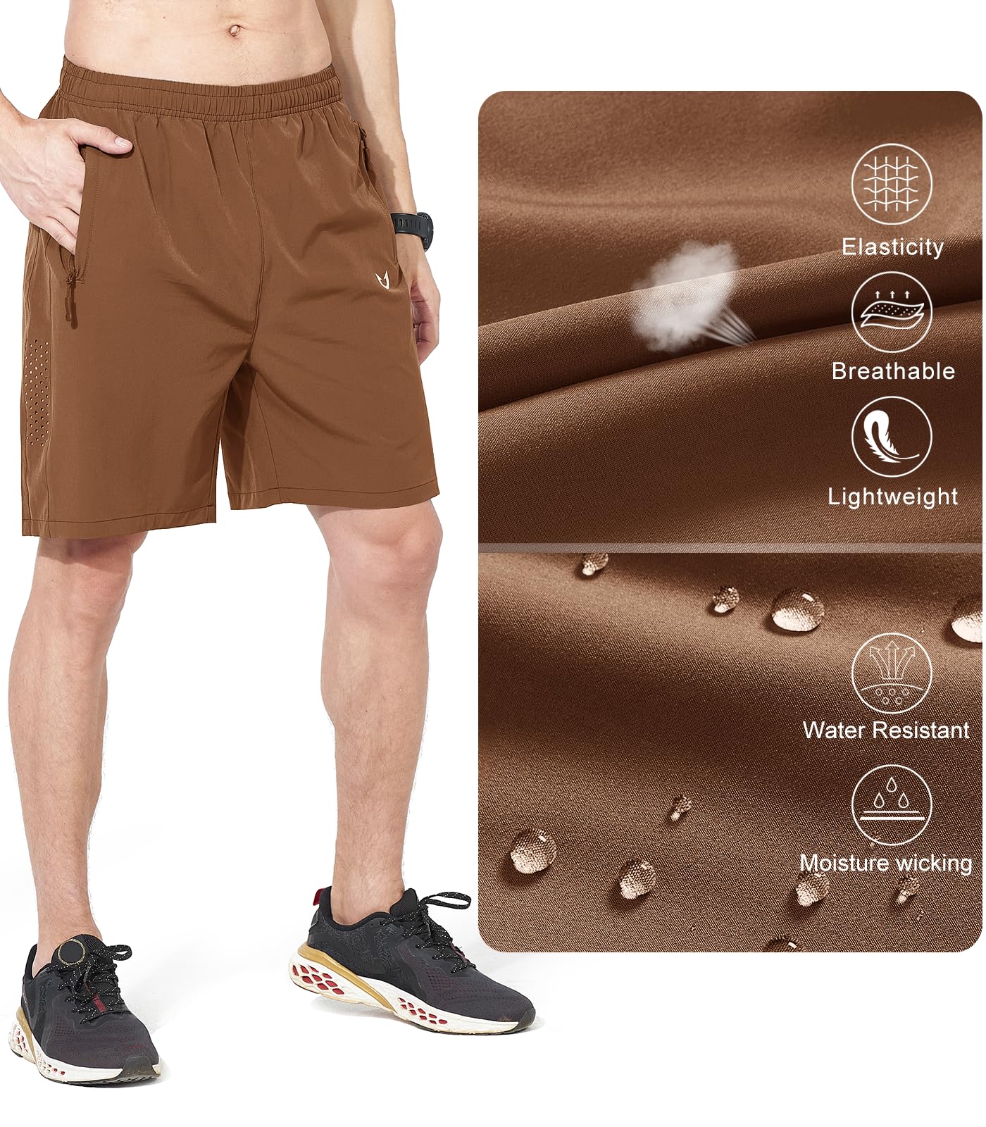 NORTHYARD Men's Athletic Running Shorts Gym Workout 7"/9"/5" Quick Dry Lightweight Sports Basketball Tennis 3 Zipper Pockets Brown 3XL