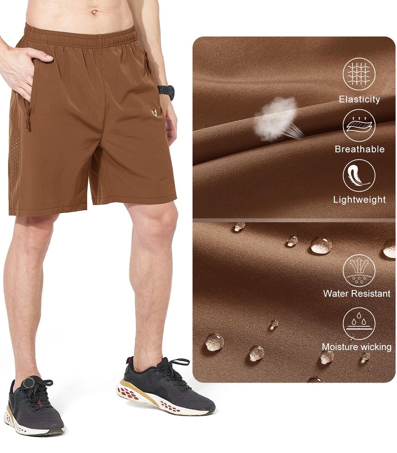 NORTHYARD Men's Athletic Running Shorts Gym Workout 7"/9"/5" Quick Dry Lightweight Sports Basketball Tennis 3 Zipper Pockets Brown S