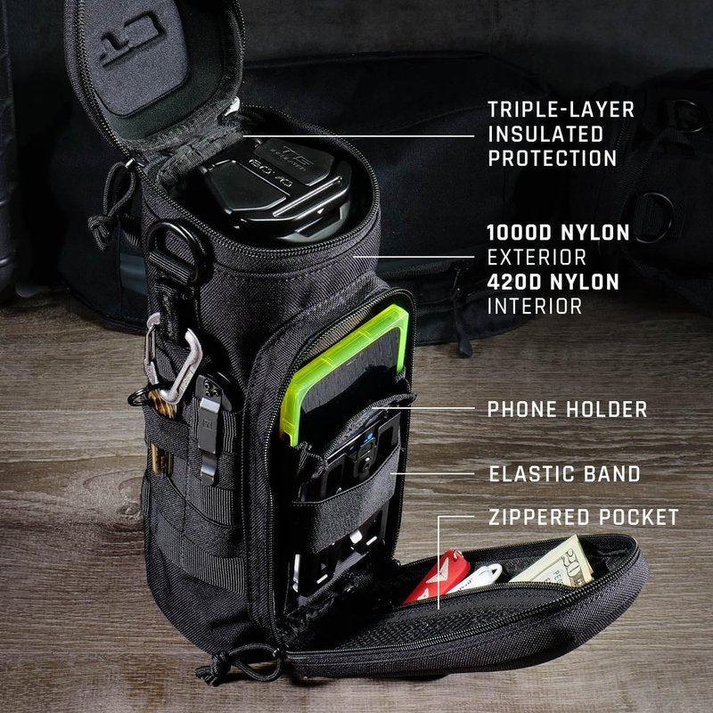 GOVO U1 Water Bottle Pouch - Durable Nylon, Fits 40oz Bottle | Molle System, Zippered Hardshell Cap