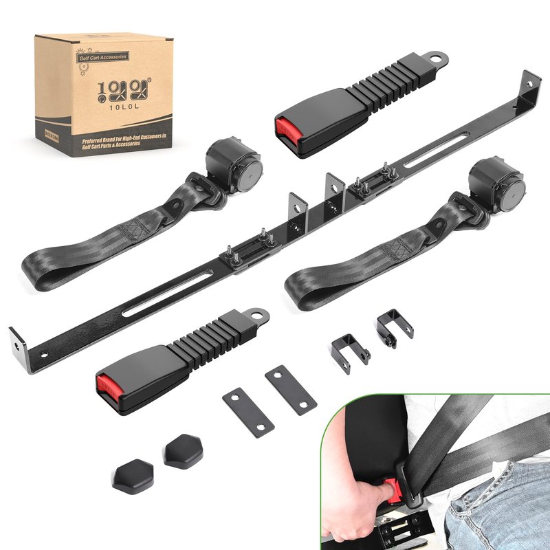10L0L 3-Point Golf Cart Seat Belt Kit for EZGO TXT & Club Car DS, Retractable Safety Belts with Bracket, Street Legal