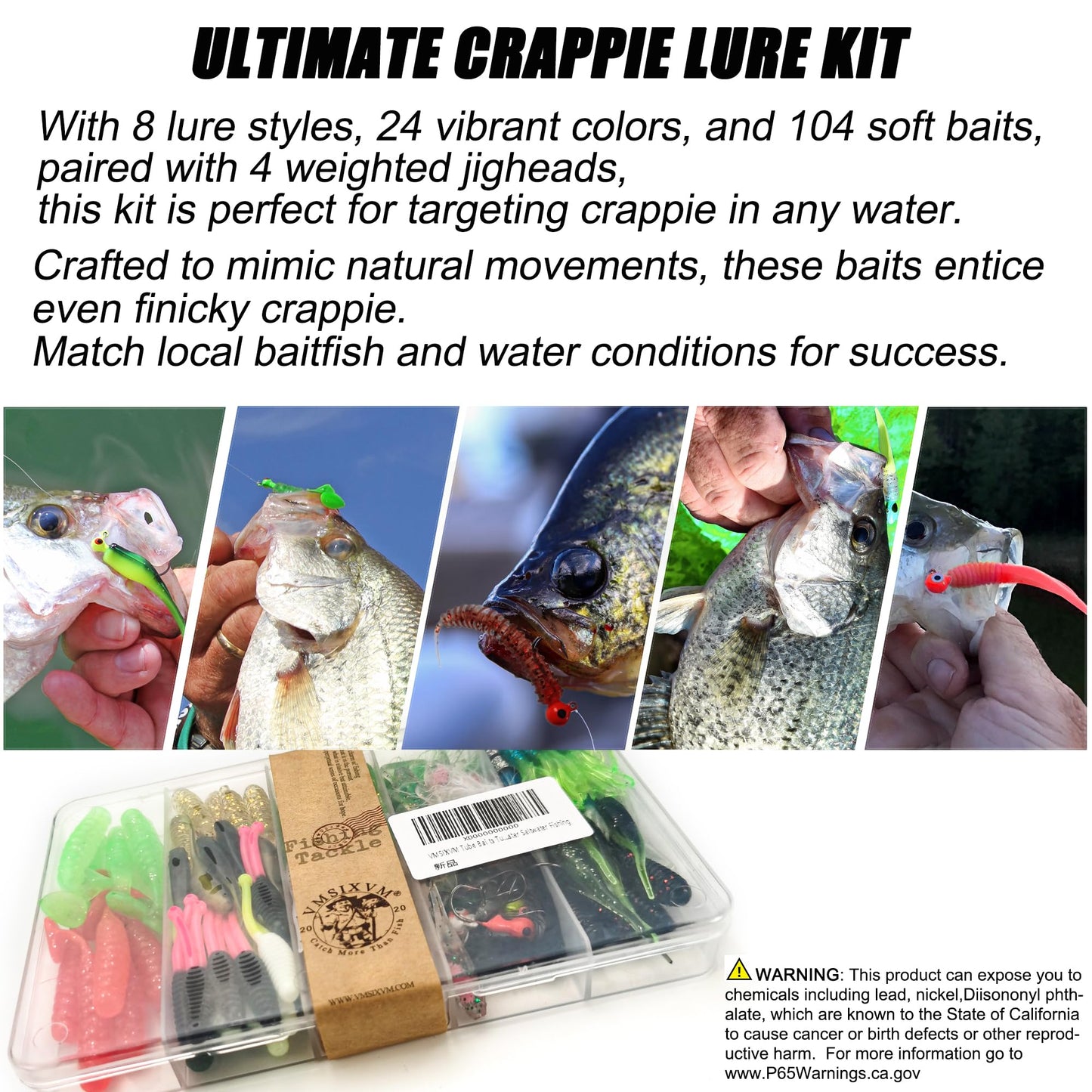 VMSIXVM Crappie Lures Tube Lures Jigs Heads Worms Swimbaits Kit, 165, 124, 50 Pcs Pre-Rigged Crappie Jigs Tube Hooks Soft Plastic Grub Worms Baits for Bass Trout Freshwater Saltwater Fishing
