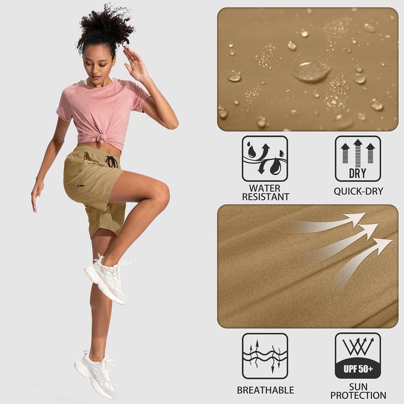 SANTINY Women's 5''/ 7''/9'' Hiking Cargo Shorts Quick Dry Lightweight Summer Shorts for Women Athletic Golf Zipper Pockets(Dark Khaki_L)
