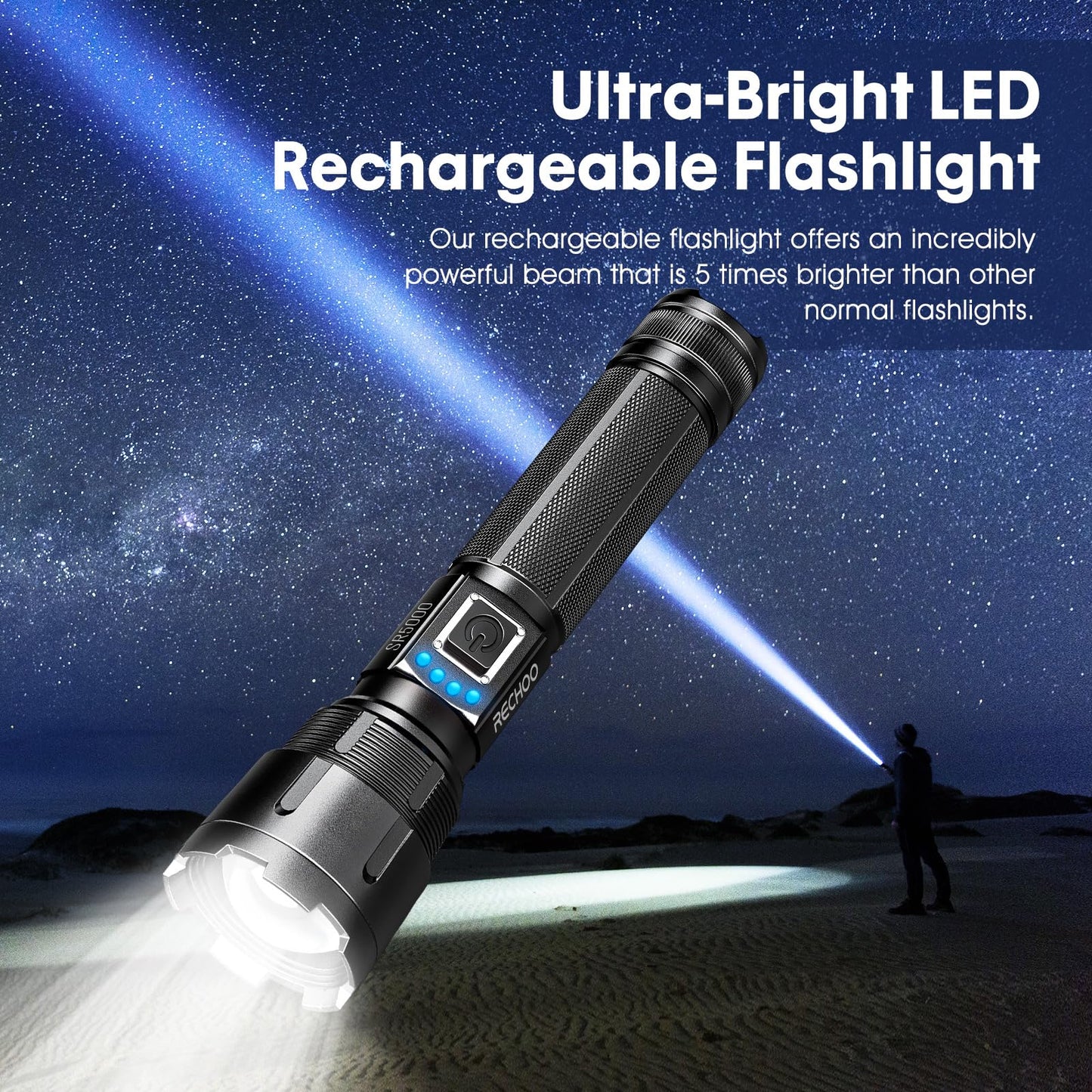 RECHOO Rechargeable Flashlights High Lumens, 1000 Lumens Tactical Flashlights, Super Bright LED Flashlight with 5 Mode & Zoomable, IP65 Waterproof Flash Light for Camping, Hiking, Emergency, Home